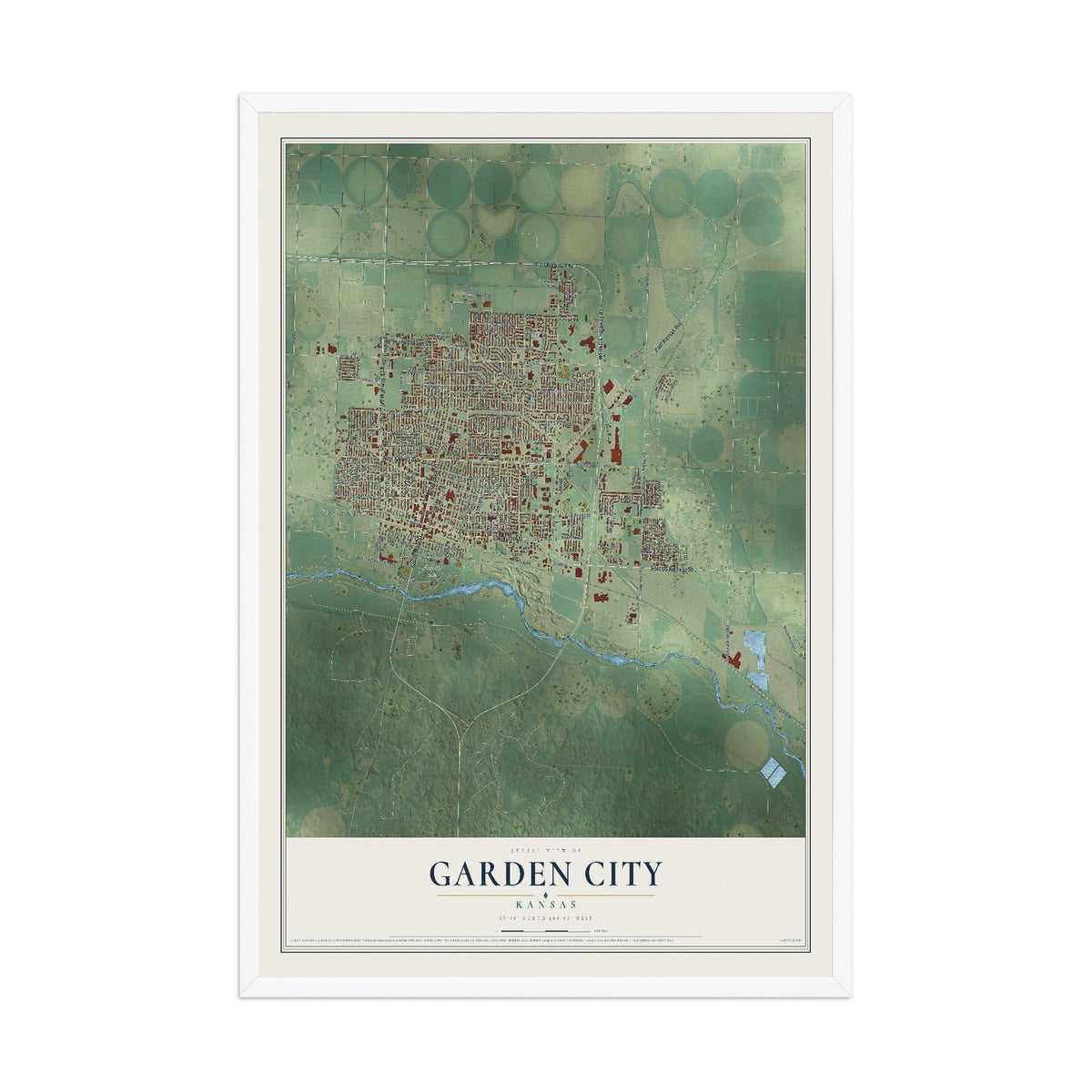 Map of Garden City, Kansas, 12 x 18 inch print in a white wood frame