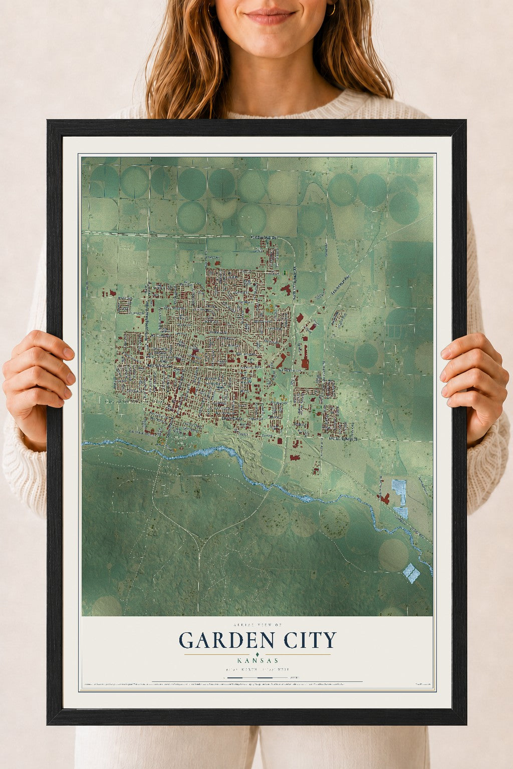 Map of Garden City, Kansas, 18 x 24 inch print in a black wood frame