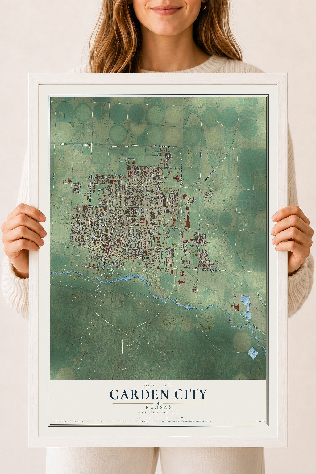 Map of Garden City, Kansas, 18 x 24 inch print in a white wood frame