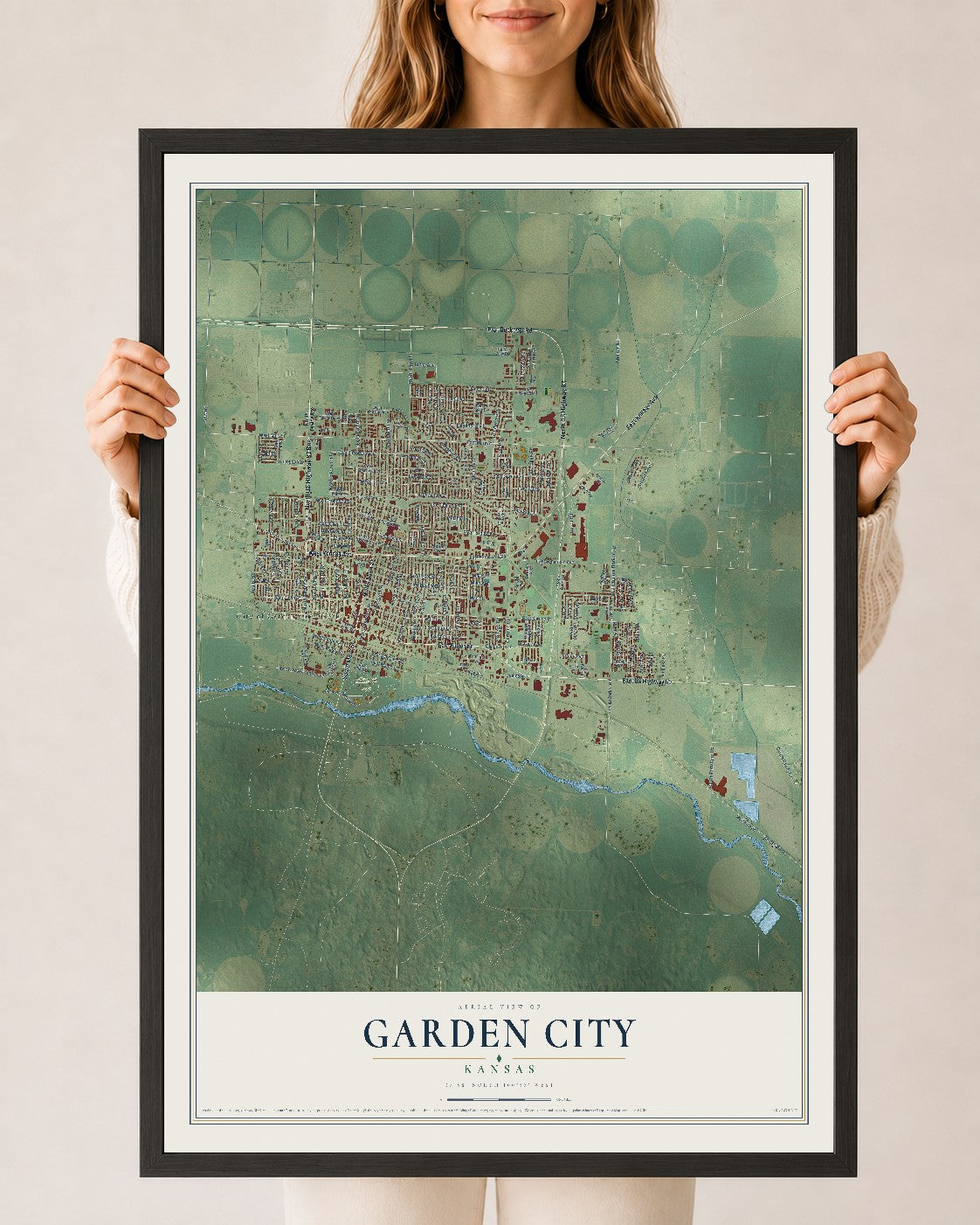 Map of Garden City, Kansas, 24 x 36 inch print in a black wood frame