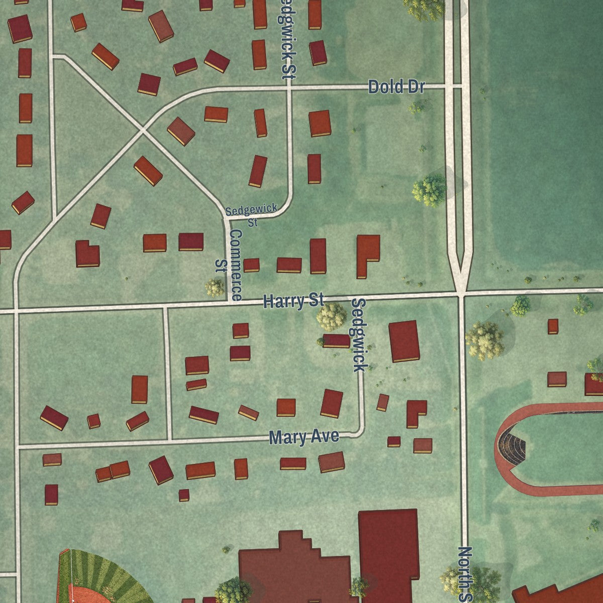 Second close-up of the map of Garden Plain, Kansas print showing more streets and buildings