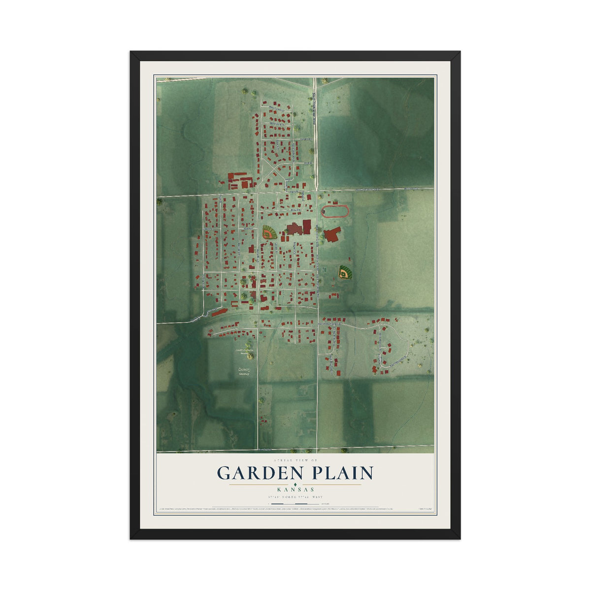 Map of Garden Plain, Kansas, 12 x 18 inch print in a black wood frame