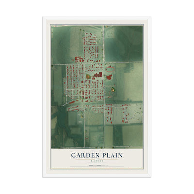 Map of Garden Plain, Kansas, 12 x 18 inch print in a white wood frame