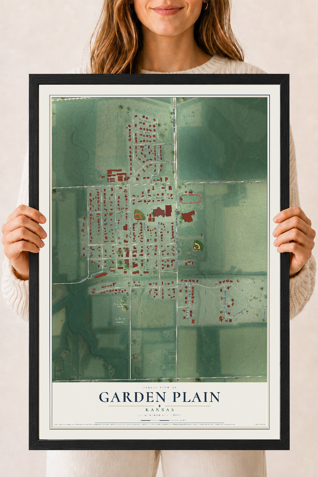 Map of Garden Plain, Kansas, 18 x 24 inch print in a black wood frame
