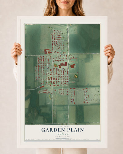 Map of Garden Plain, Kansas, 24 x 36 inch print in a white wood frame