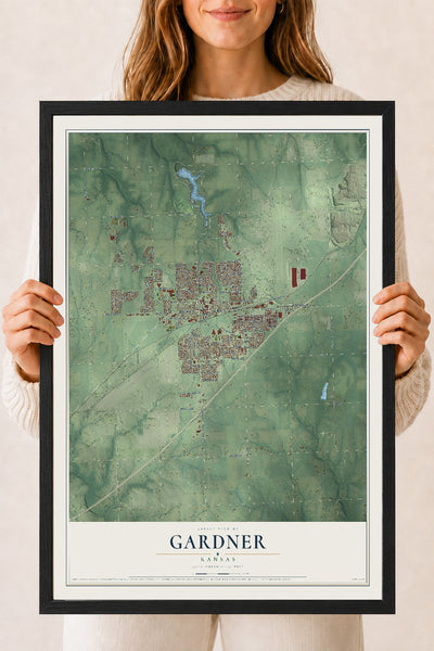Map of Gardner, Kansas, 18 x 24 inch print in a black wood frame