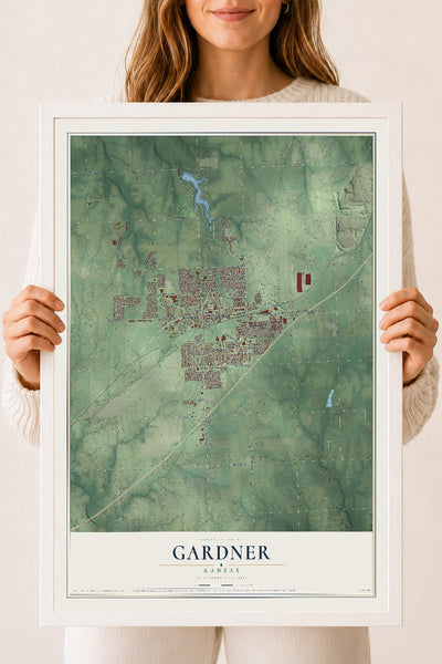 Map of Gardner, Kansas, 18 x 24 inch print in a white wood frame
