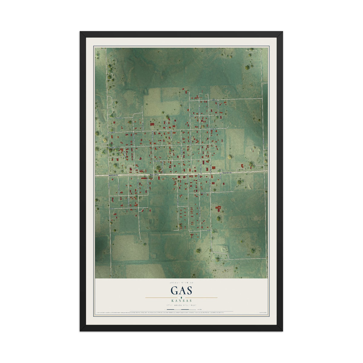 Map of Gas, Kansas, 12 x 18 inch print in a black wood frame
