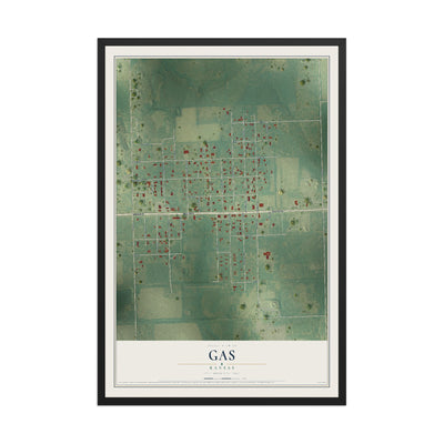 Map of Gas, Kansas, 12 x 18 inch print in a black wood frame