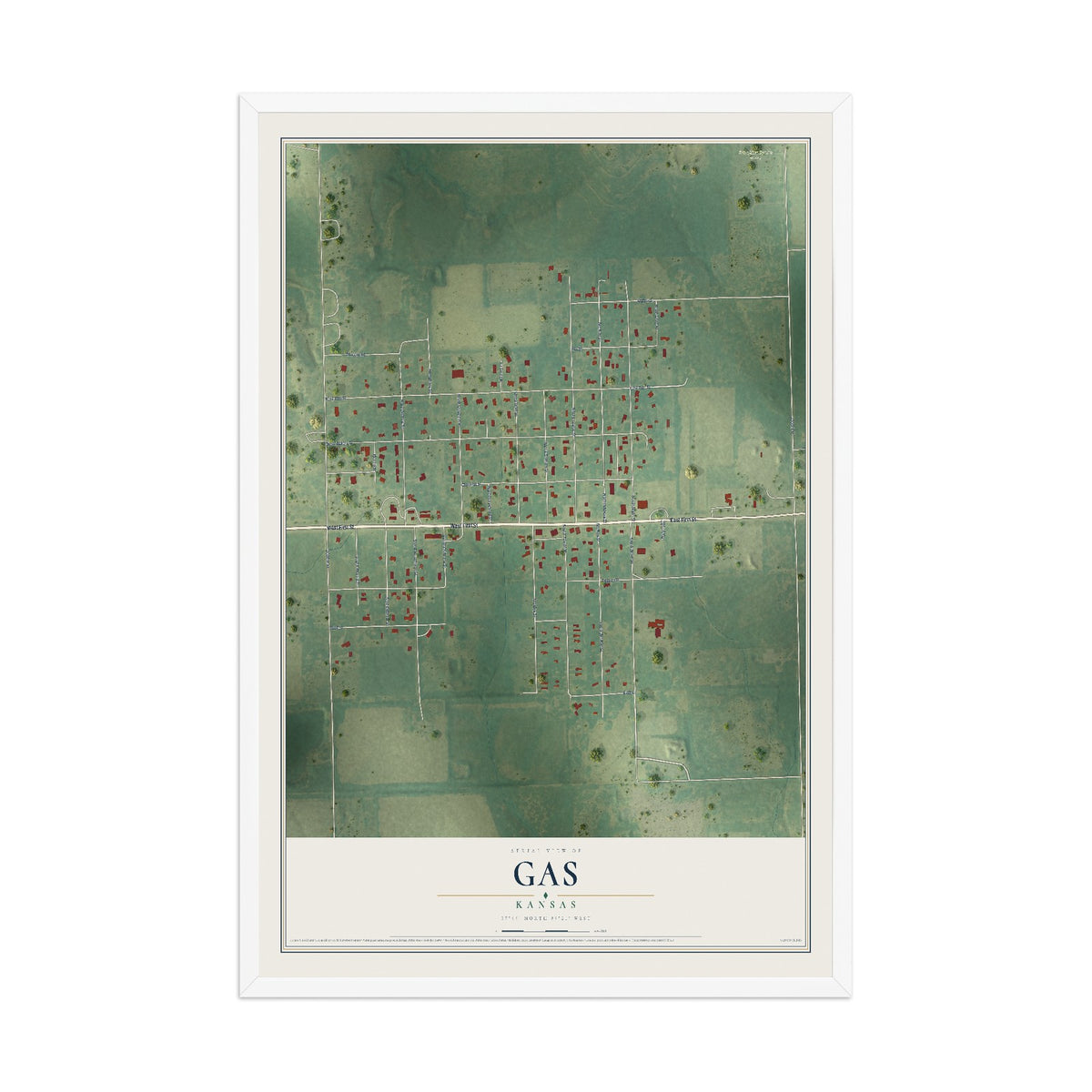 Map of Gas, Kansas, 12 x 18 inch print in a white wood frame