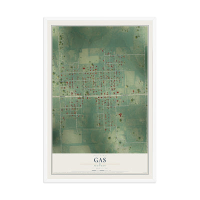 Map of Gas, Kansas, 12 x 18 inch print in a white wood frame