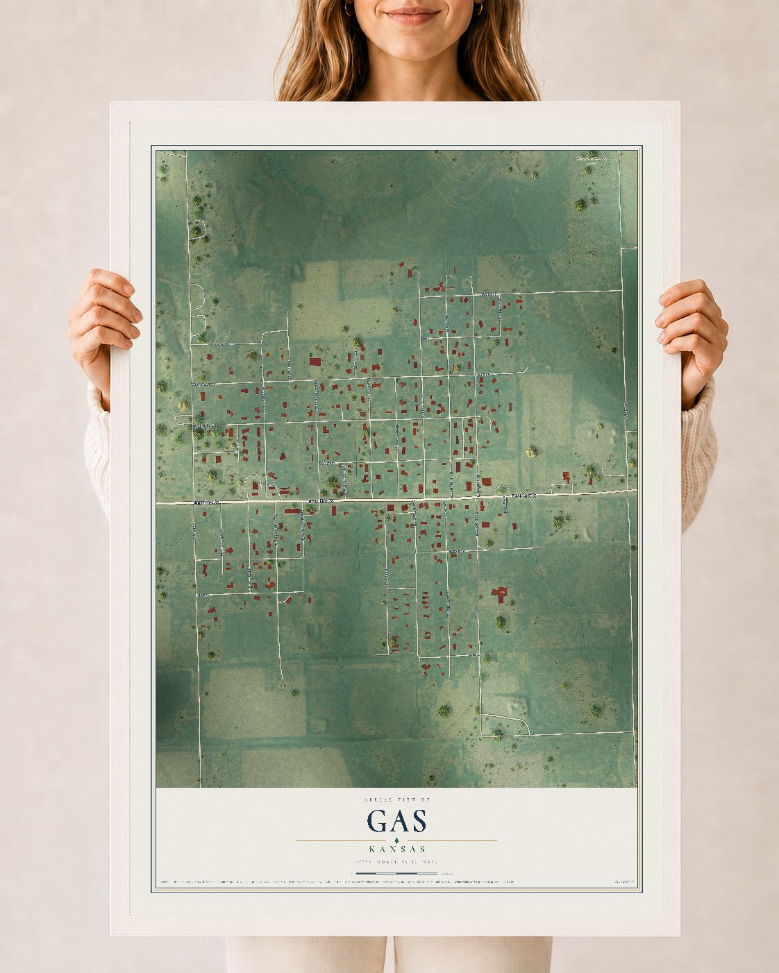 Map of Gas, Kansas, 24 x 36 inch print in a white wood frame