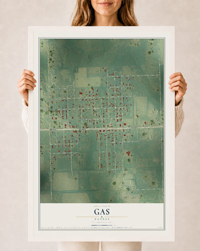 Map of Gas, Kansas, 24 x 36 inch print in a white wood frame