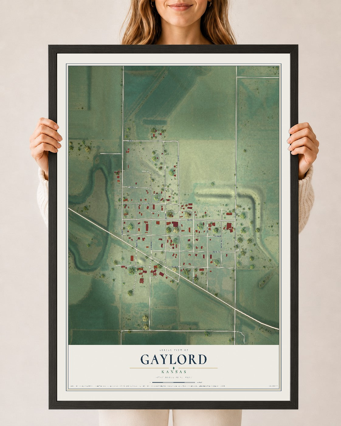 Map of Gaylord, Kansas, 24 x 36 inch print in a black wood frame