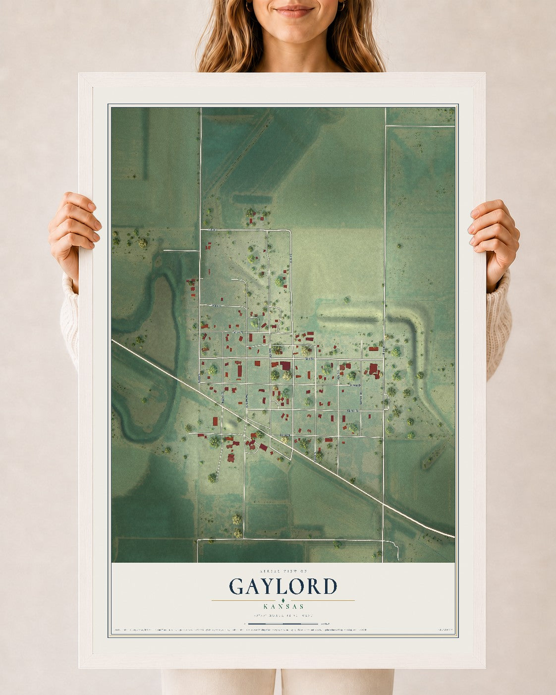 Map of Gaylord, Kansas, 24 x 36 inch print in a white wood frame