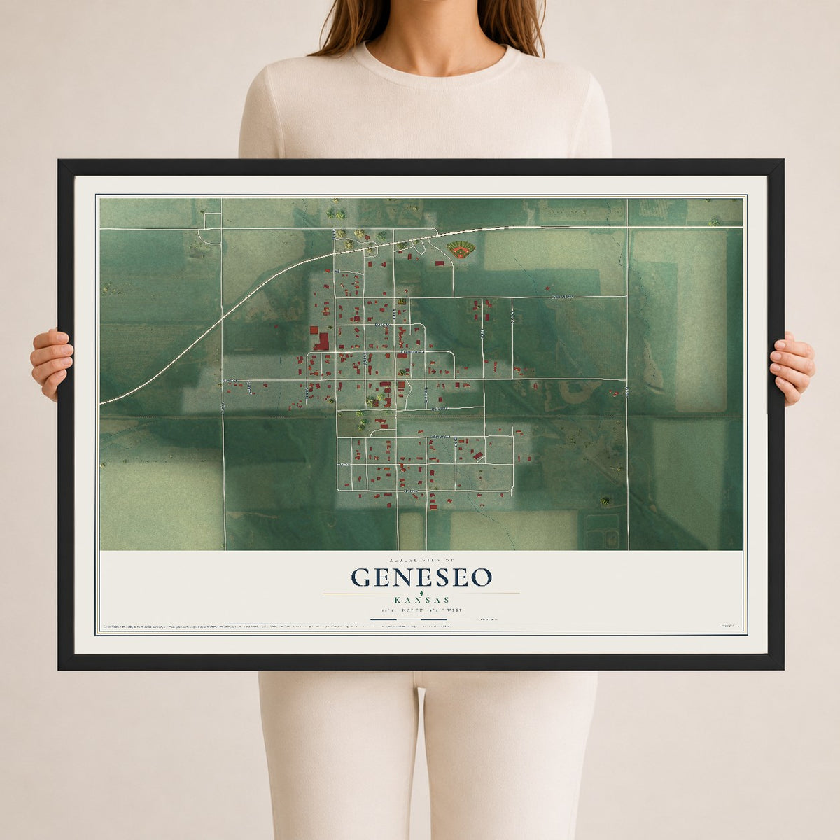 Map of Geneseo, Kansas, 24 x 36 inch print in a black wood frame
