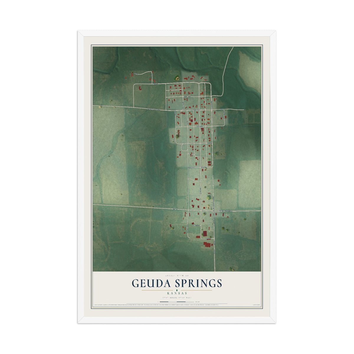 Map of Geuda Springs, Kansas, 12 x 18 inch print in a white wood frame