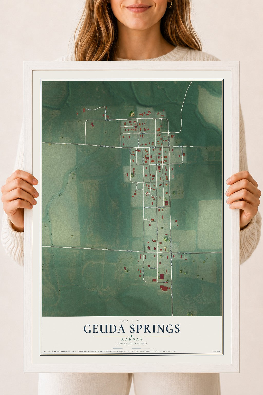 Map of Geuda Springs, Kansas, 18 x 24 inch print in a white wood frame