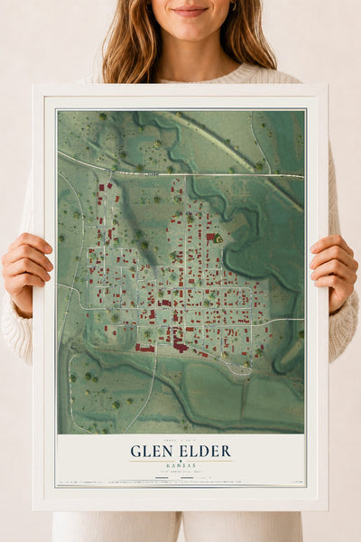 Map of Glen Elder, Kansas, 18 x 24 inch print in a white wood frame