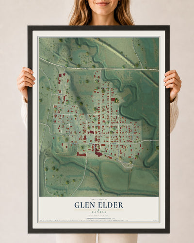 Map of Glen Elder, Kansas, 24 x 36 inch print in a black wood frame