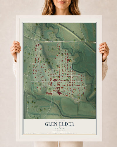 Map of Glen Elder, Kansas, 24 x 36 inch print in a white wood frame