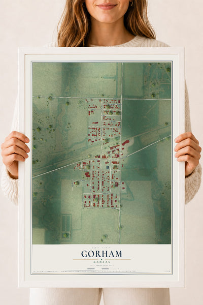 Map of Gorham, Kansas, 18 x 24 inch print in a white wood frame