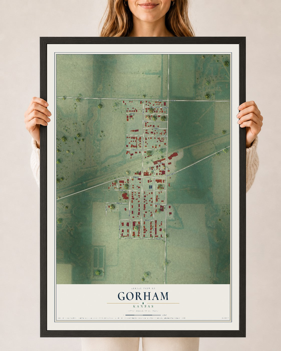 Map of Gorham, Kansas, 24 x 36 inch print in a black wood frame