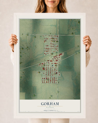 Map of Gorham, Kansas, 24 x 36 inch print in a white wood frame