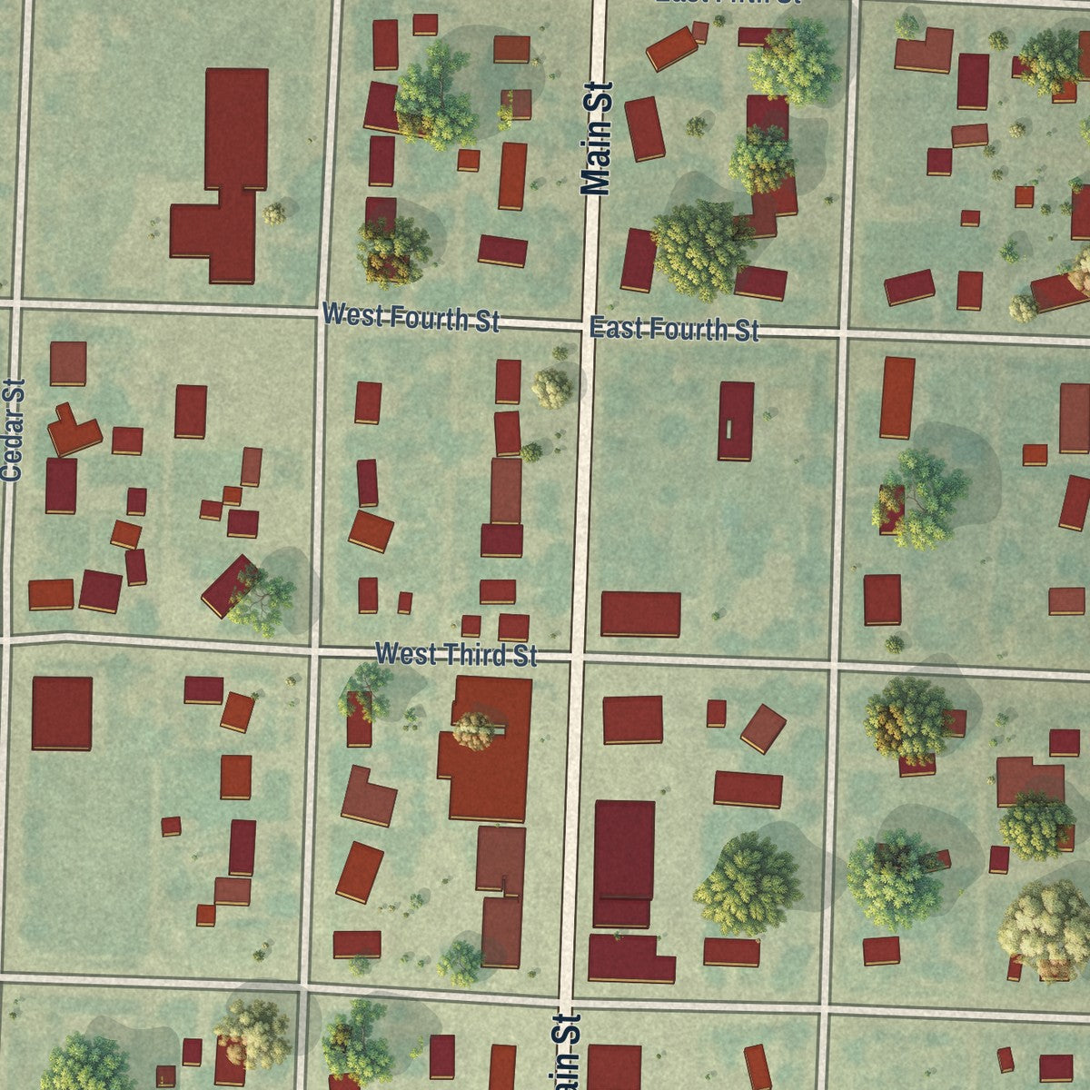 Close-up of the map of Grainfield, Kansas print showing street and building detail