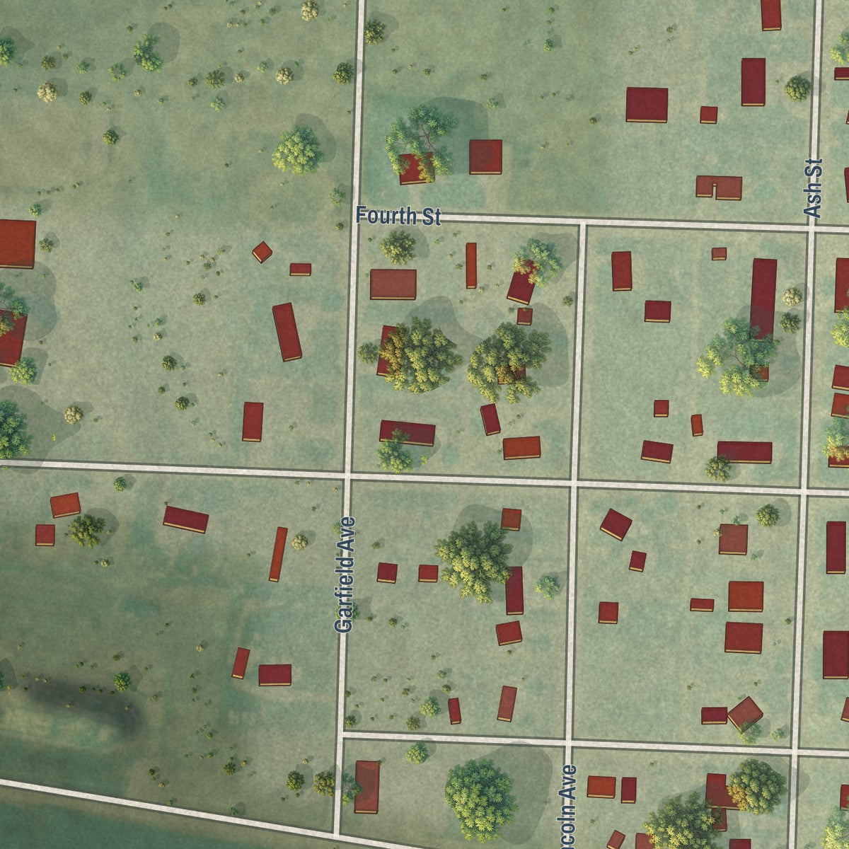 Second close-up of the map of Grainfield, Kansas print showing more streets and buildings