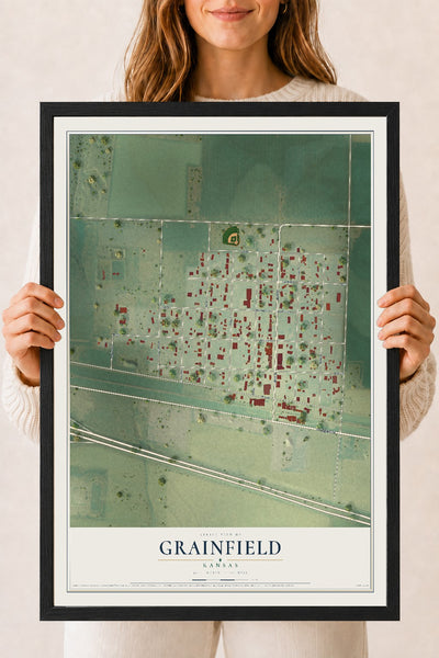 Map of Grainfield, Kansas, 18 x 24 inch print in a black wood frame