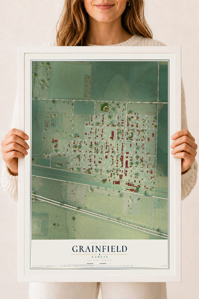 Map of Grainfield, Kansas, 18 x 24 inch print in a white wood frame