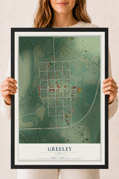 Map of Greeley, Kansas, 18 x 24 inch print in a black wood frame