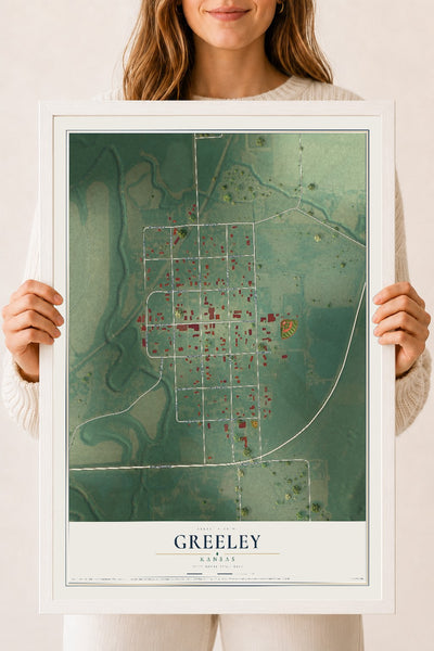 Map of Greeley, Kansas, 18 x 24 inch print in a white wood frame