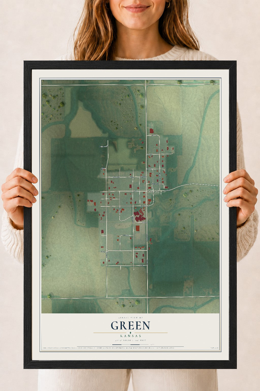 Map of Green, Kansas, 18 x 24 inch print in a black wood frame
