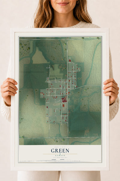 Map of Green, Kansas, 18 x 24 inch print in a white wood frame
