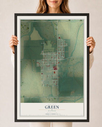 Map of Green, Kansas, 24 x 36 inch print in a black wood frame