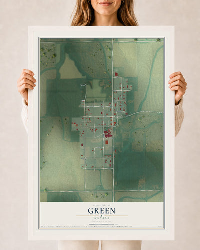 Map of Green, Kansas, 24 x 36 inch print in a white wood frame