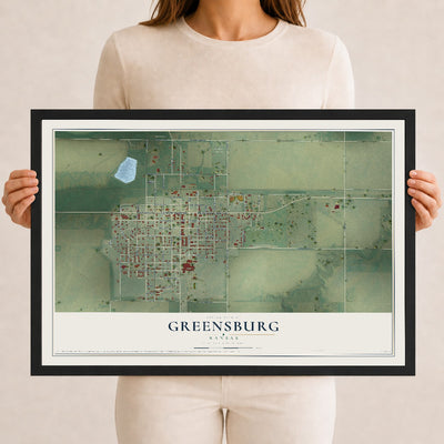 Map of Greensburg, Kansas, 12 x 18 inch print in a black wood frame