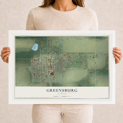 Map of Greensburg, Kansas, 12 x 18 inch print in a white wood frame