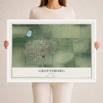 Map of Greensburg, Kansas, 24 x 36 inch print in a white wood frame