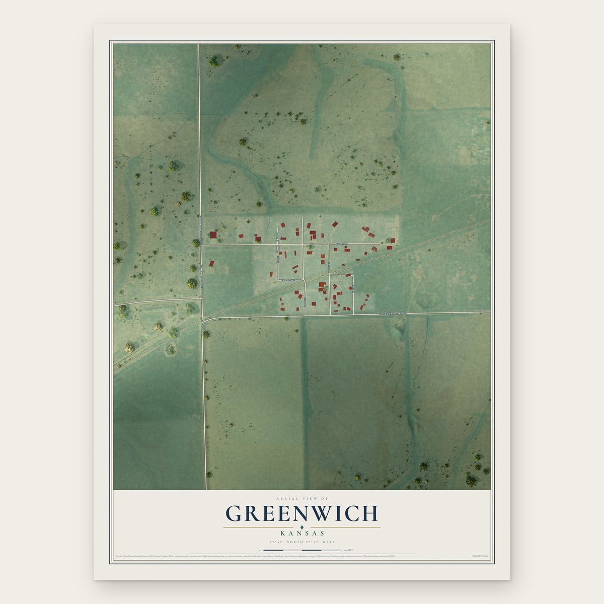 Greenwich, Kansas map print, the full design