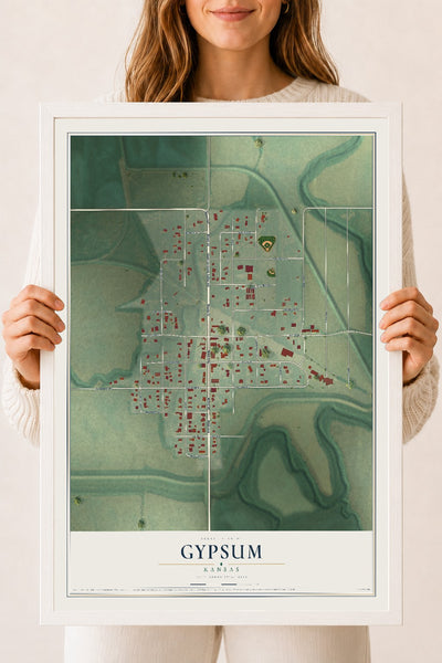 Map of Gypsum, Kansas, 18 x 24 inch print in a white wood frame