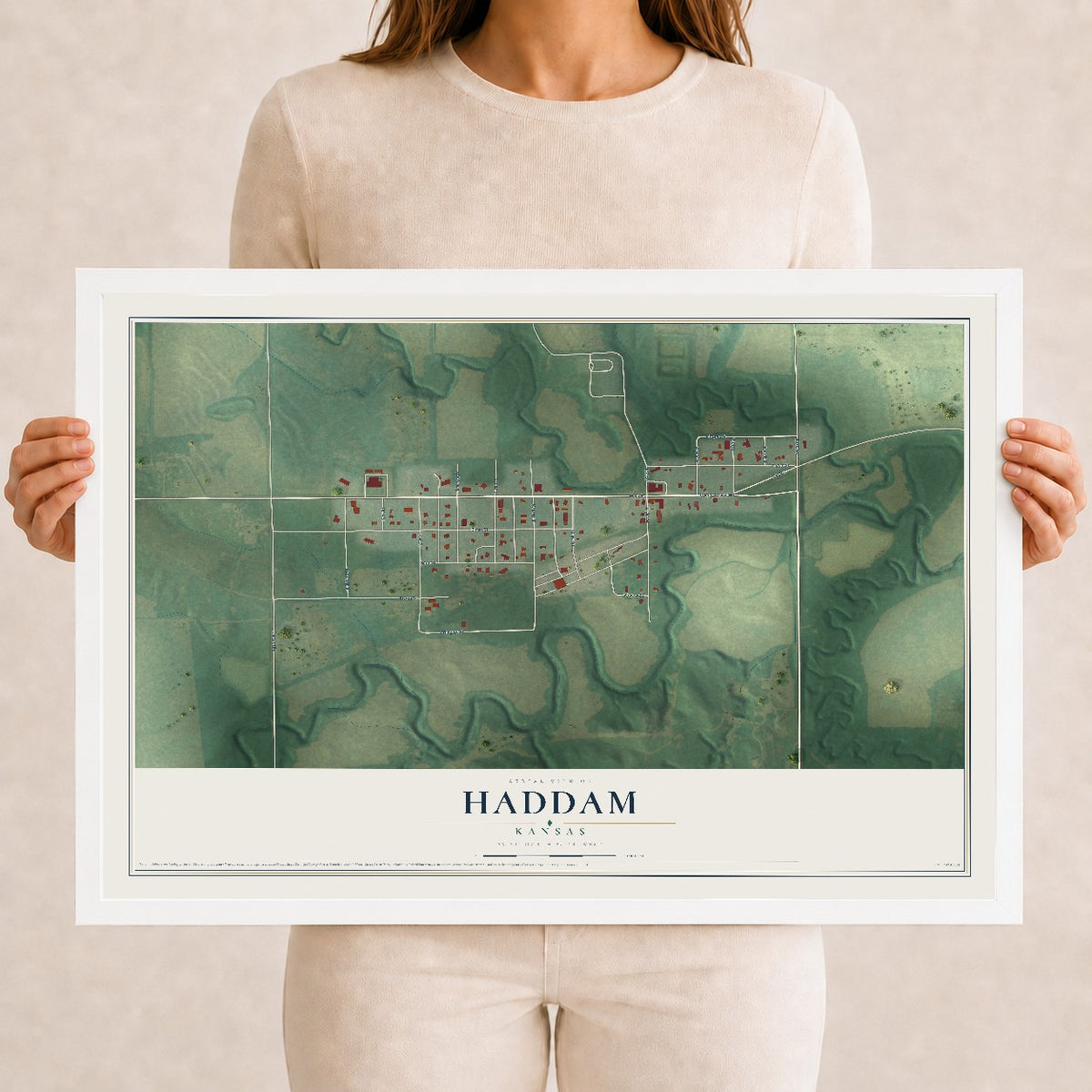 Map of Haddam, Kansas, 12 x 18 inch print in a white wood frame