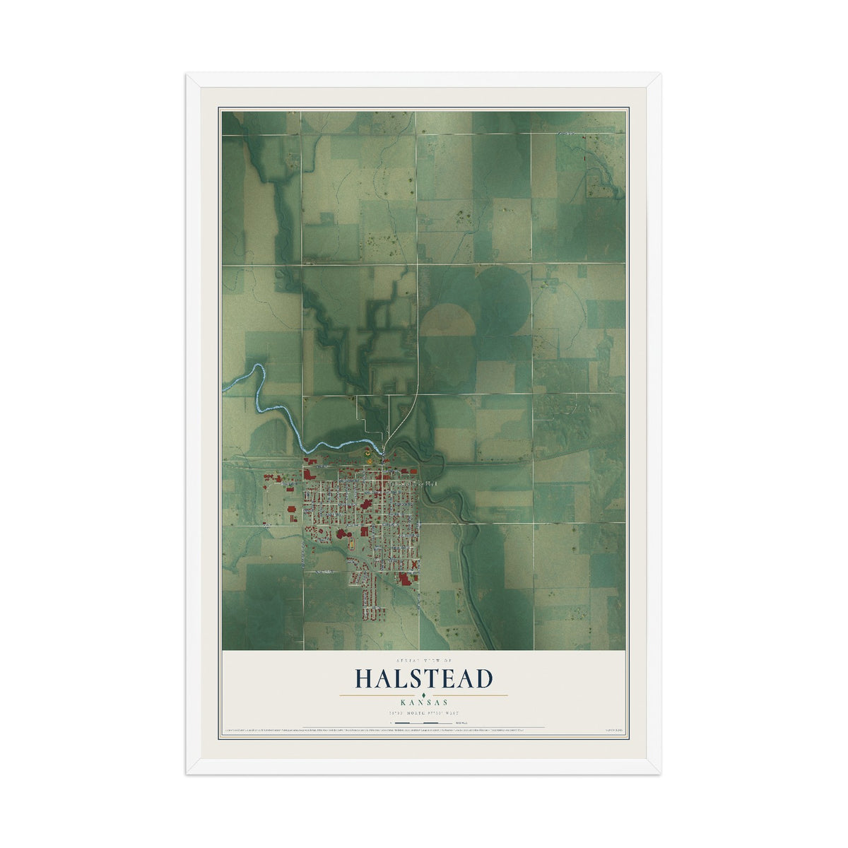 Map of Halstead, Kansas, 12 x 18 inch print in a white wood frame