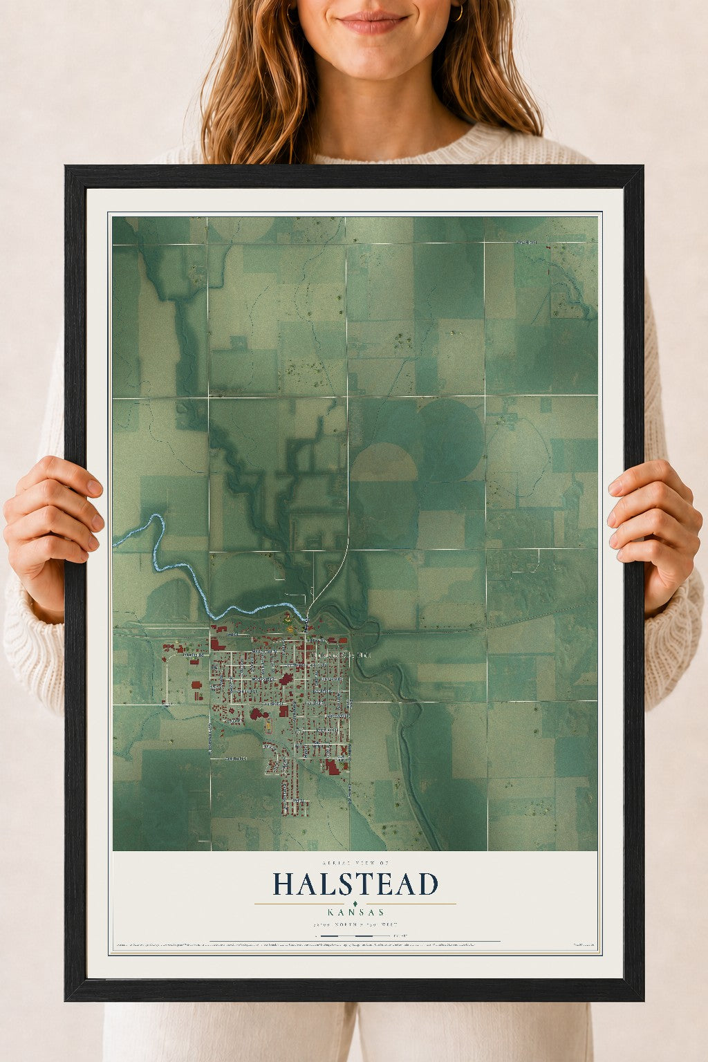 Map of Halstead, Kansas, 18 x 24 inch print in a black wood frame