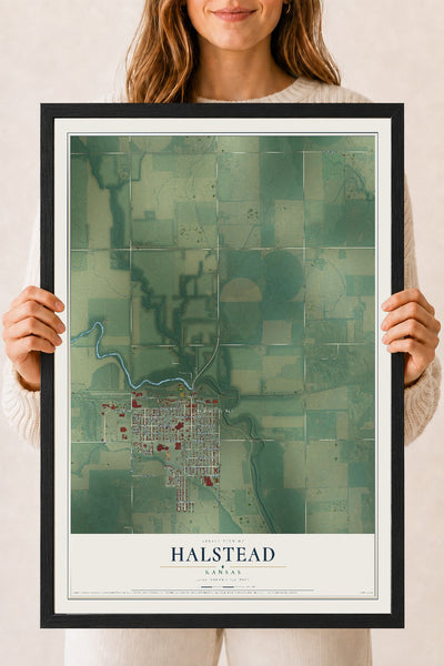 Map of Halstead, Kansas, 18 x 24 inch print in a black wood frame