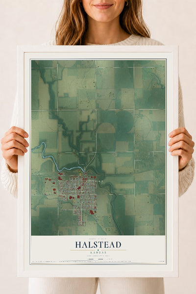 Map of Halstead, Kansas, 18 x 24 inch print in a white wood frame