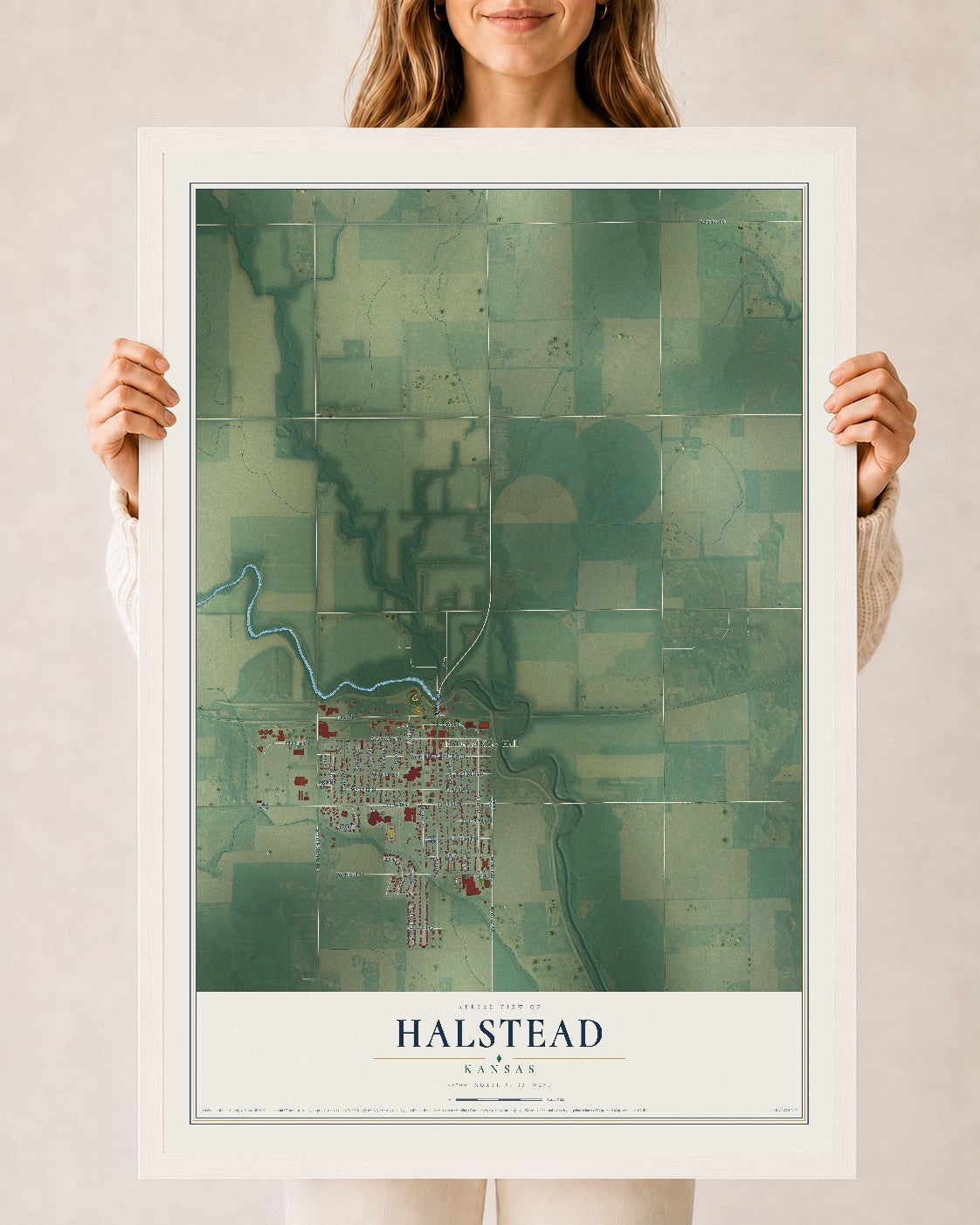 Map of Halstead, Kansas, 24 x 36 inch print in a white wood frame