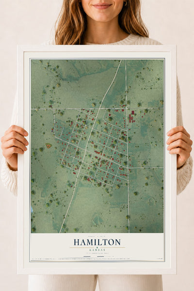 Map of Hamilton, Kansas, 18 x 24 inch print in a white wood frame
